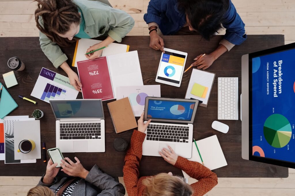 Team discussing digital marketing charts
